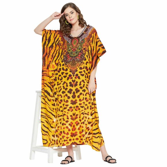 Gypsie Blu Leopard Printed Caftan Dress Moo Moos Maxi Cover Up Dresses for Women - Picture 5 of 8